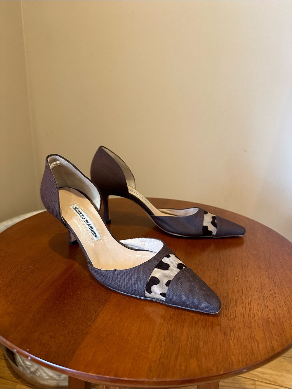 Manolo Blahnik Brown Pointed D'Orsay Pumps with Black-and-Cream Animal Panel - Picture 2 of 7